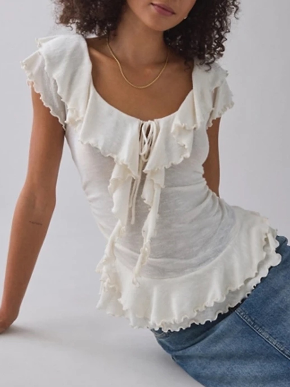 Urban Outfitters Cream Ruffle Tie Top